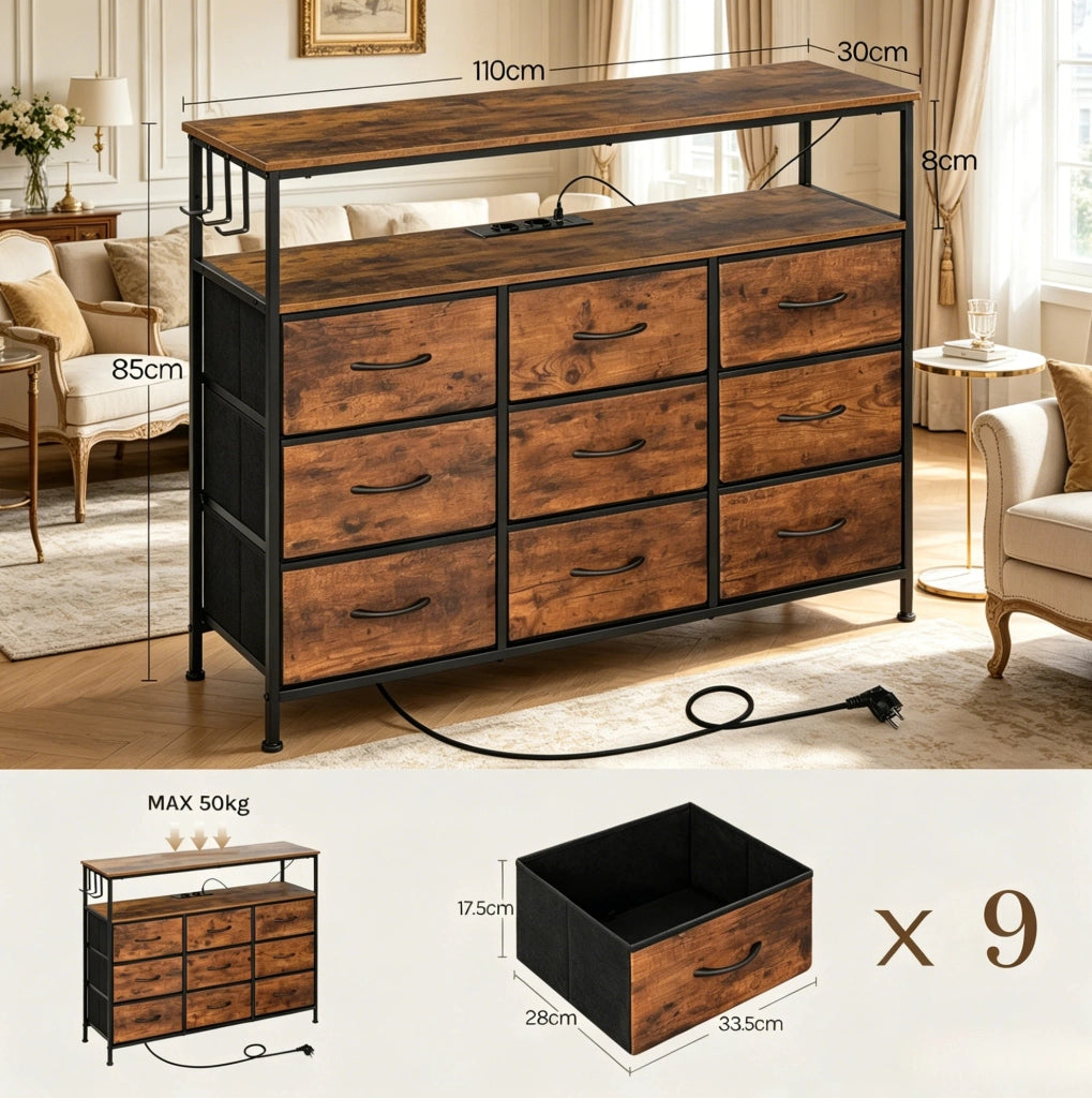 Comò con 9 cassetti e ripiani, struttura in legno E1 e metallo, colore marrone rustico e nero, 110x85x30 cm
