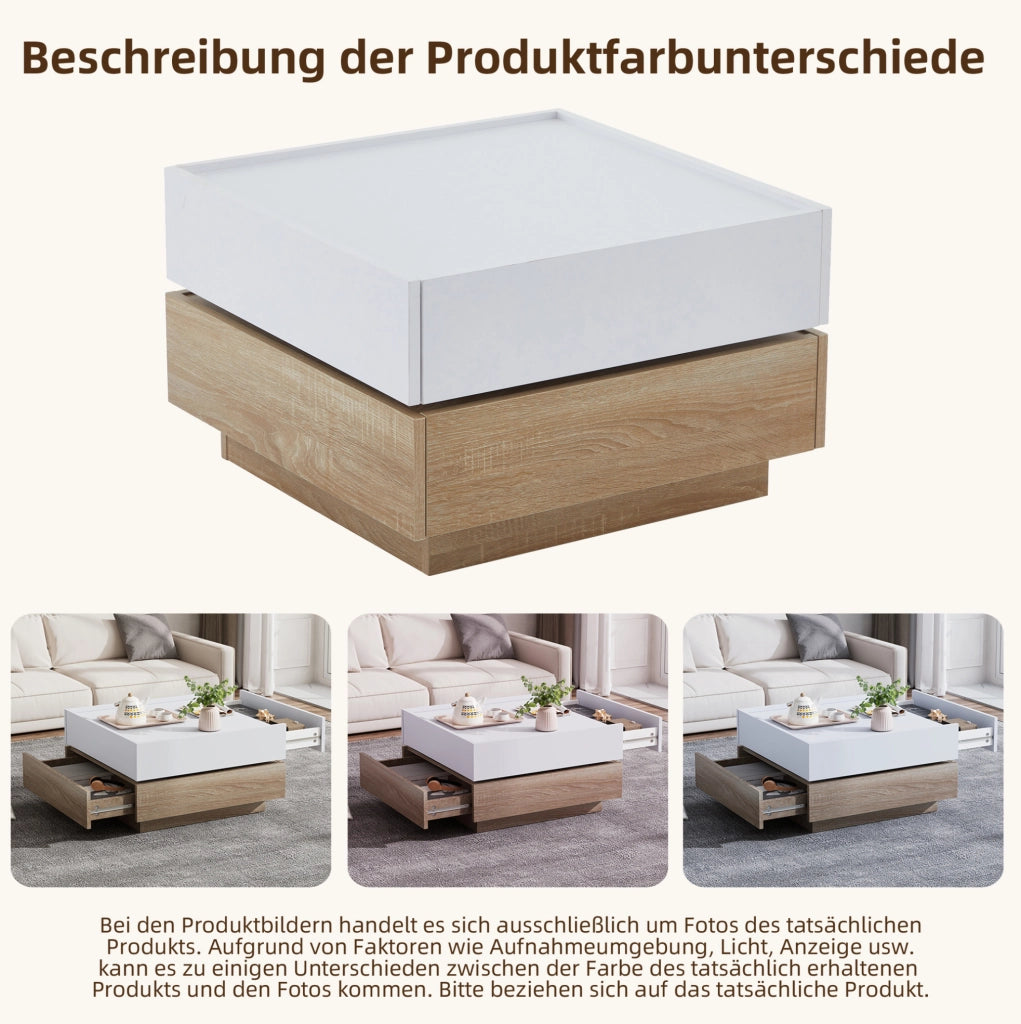 Tavolino da salotto girevole a 360° con 2 cassetti; 60x60x38 cm; bianco e noce