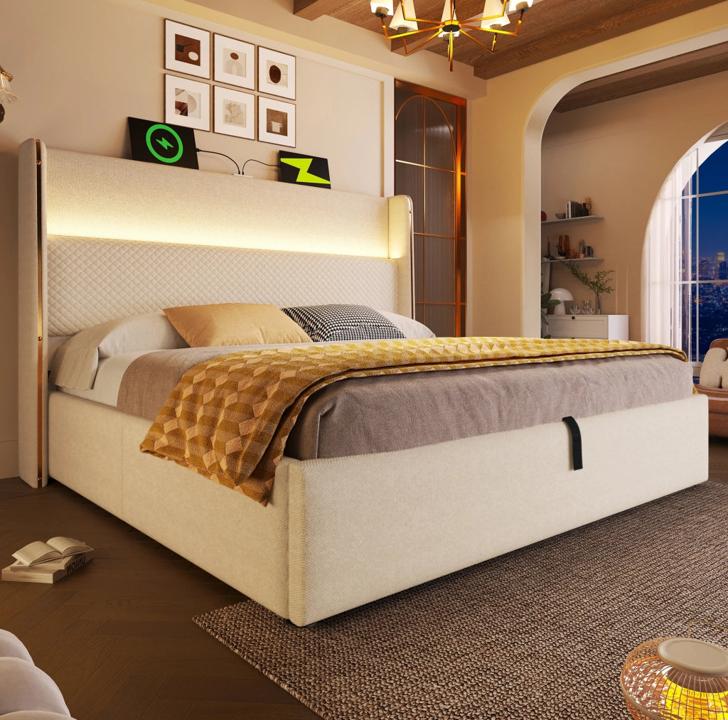 Letto matrimoniale 160x200 con testiera alta, LED, USB Type-C e materasso incluso