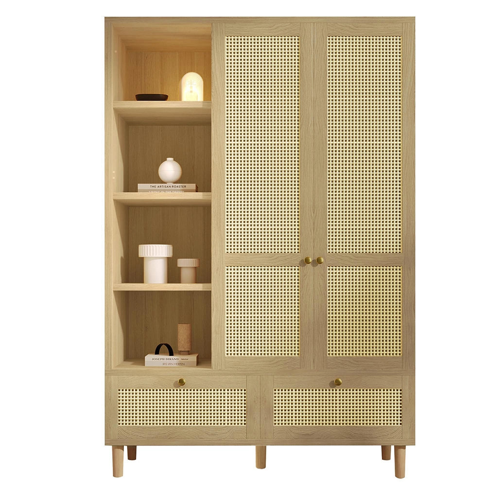 Armadio guardaroba con 2 ante e intreccio in rattan - Xylo - Stile cottage aspetto quercia, 2 cassetti, antiribaltamento, 180x120x50 cm