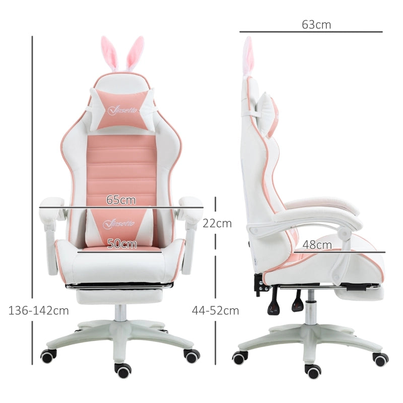 Chaise de bureau gaming ergonomica con poggiapiedi cuscini removibili e orecchie da coniglio in pelle sintetica rosa
