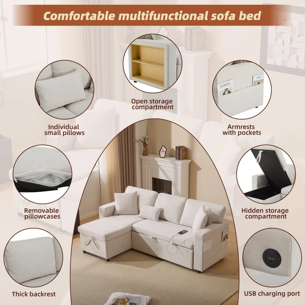 Divano angolare convertibile 4 posti con chaise longue reversibile, USB, vano contenitore e cuscini in flanella beige