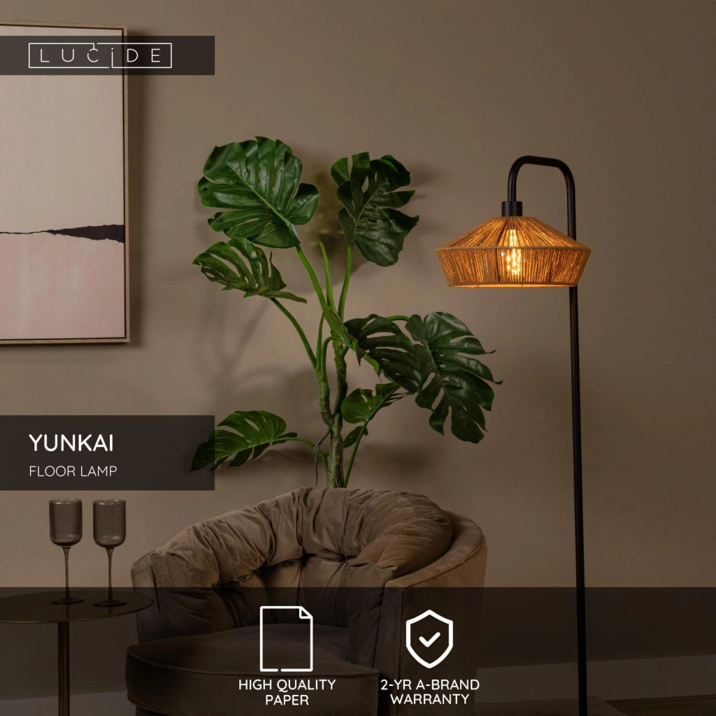 Lampada da terra YUNKAI in carta beige nera E27 Lucide