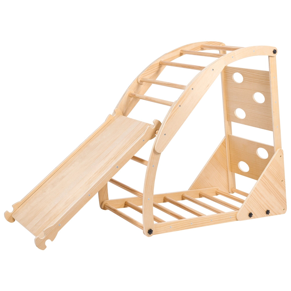 Set triangolare Pikler in legno di pino marrone chiaro, struttura da arrampicata Montessori 4 in 1 con arco e rampa, per la cameretta dei bambini