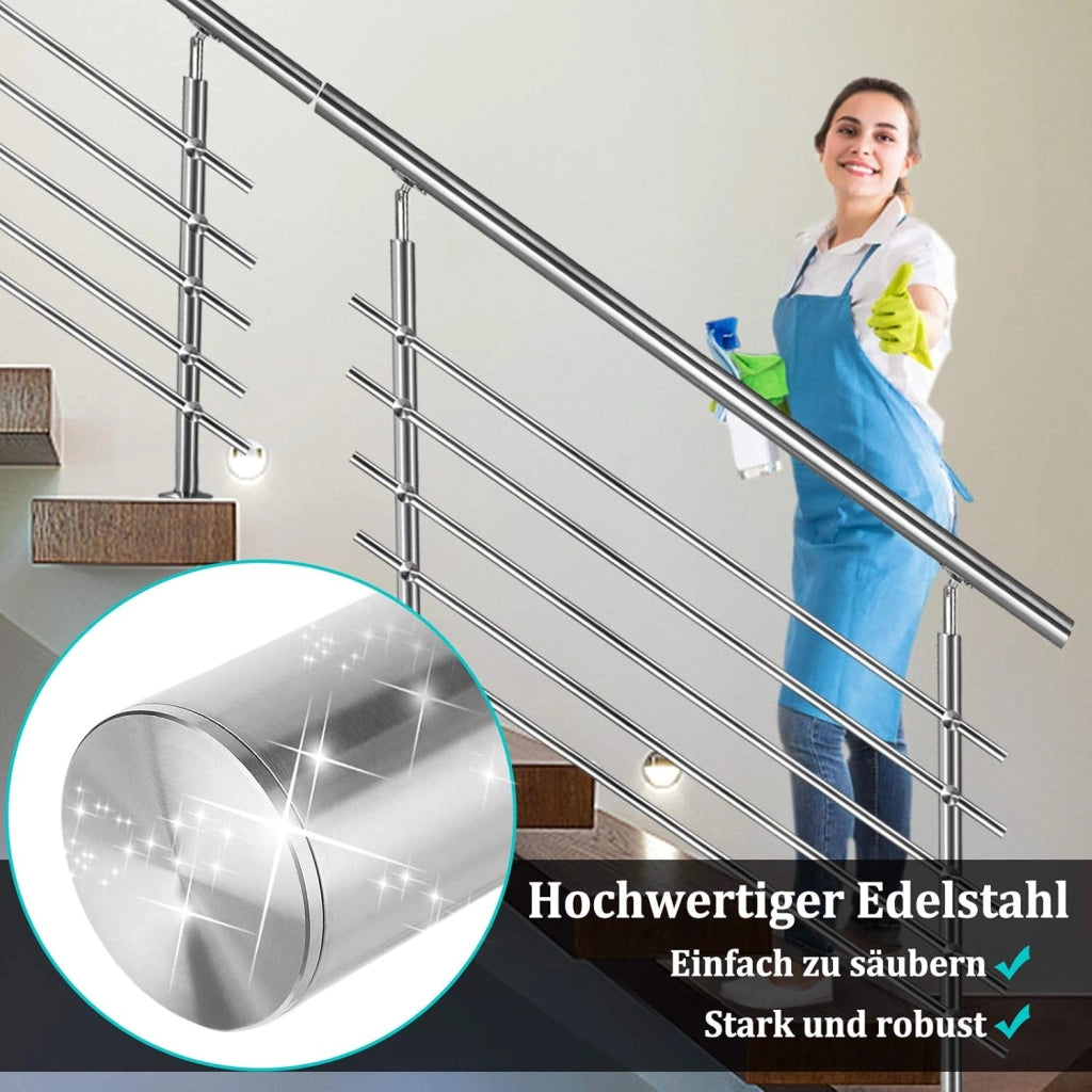 Corrimano per scale in acciaio inox, per esterni, 120 cm, parapetto con 2 montanti, per interni ed esterni, 3 barre trasversali