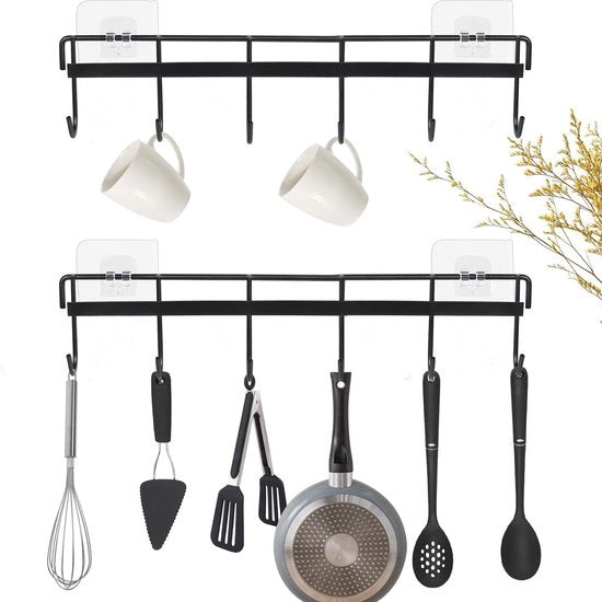 Rack da Parete con Montaggio a Veloce Sostegno - 6 Ganci - Antiscivolo - Autoadesivo - Per Cucina/Bagno - Progetto Duraturo