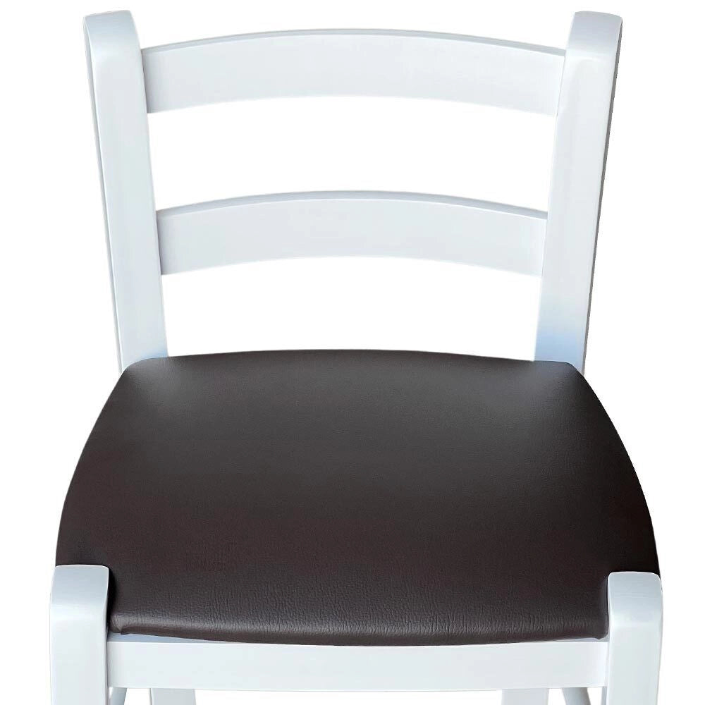 Sgabello legno bianco sedile  similpelle marrone h 67 cm da terra alla seduta