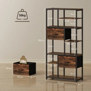 Libreria/scaffale contenitore con 2 cassetti in tessuto, 9 scomparti aperti, struttura in acciaio, Rustic Brown