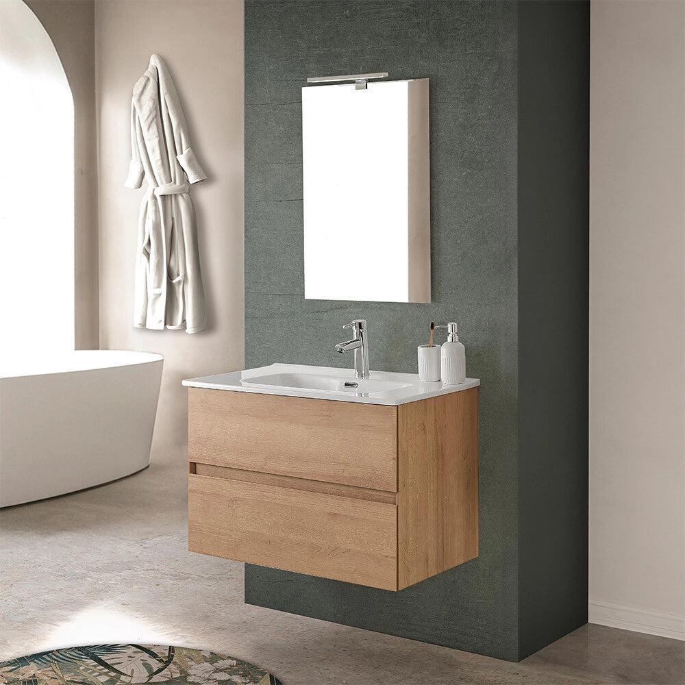 Mobile bagno sospeso 80 cm noce gold con lavabo in ceramica Dafne