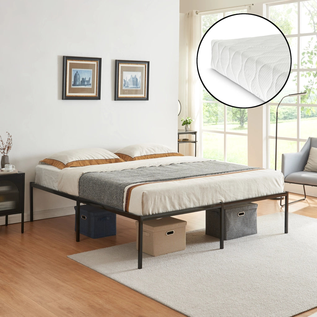Letto Matrimoniale Vårdö in Acciaio Nero con Materasso a Schiuma Fredda 160 x 200 cm [en.casa]