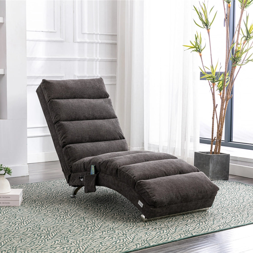 OKWISH Chaise Longue Massaggiante, Schienale Ergonomico 140° con Vibrazione Delicata e Tasca Laterale, Lino Grigio Scuro
