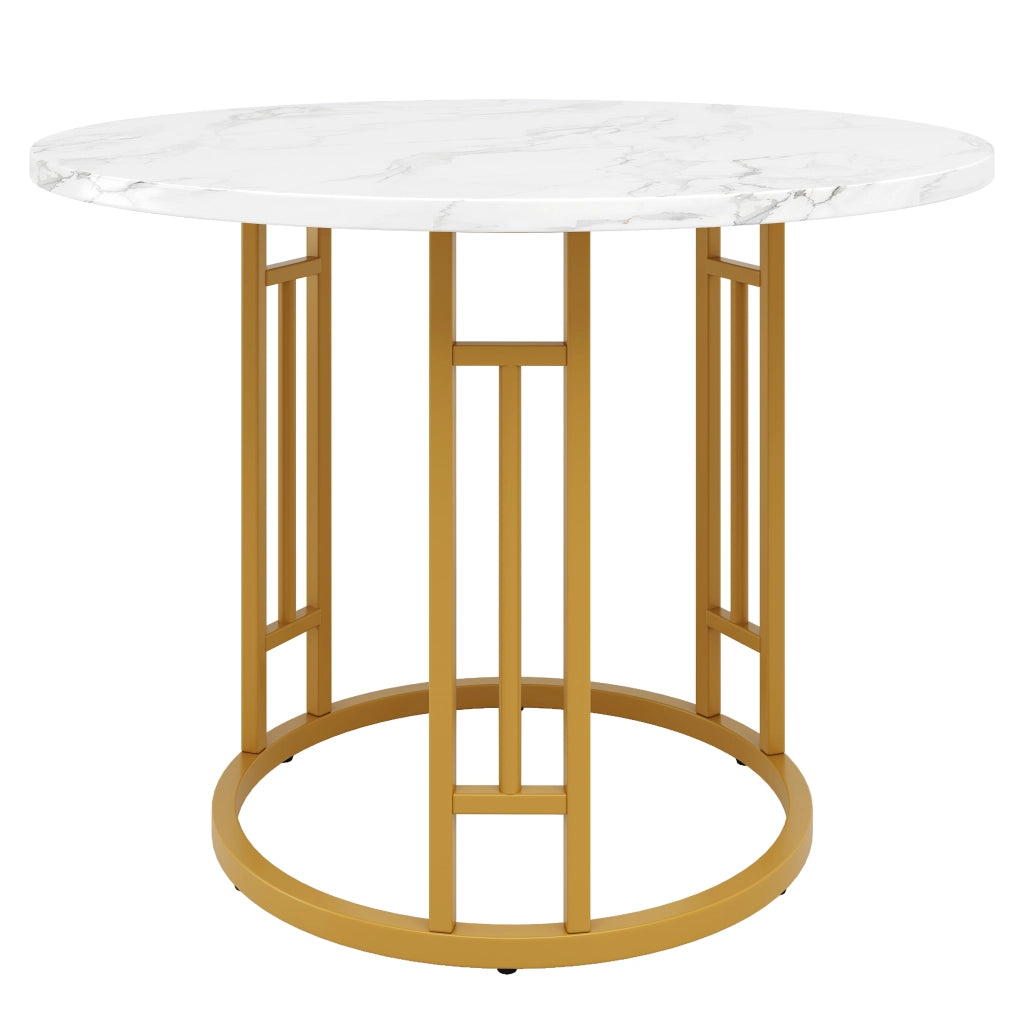 Tavolo da Pranzo Rotondo ¨C Xylo ¨C Piano MDF Effetto Marmo, Gambe in Metallo Oro, 80x80x76cm