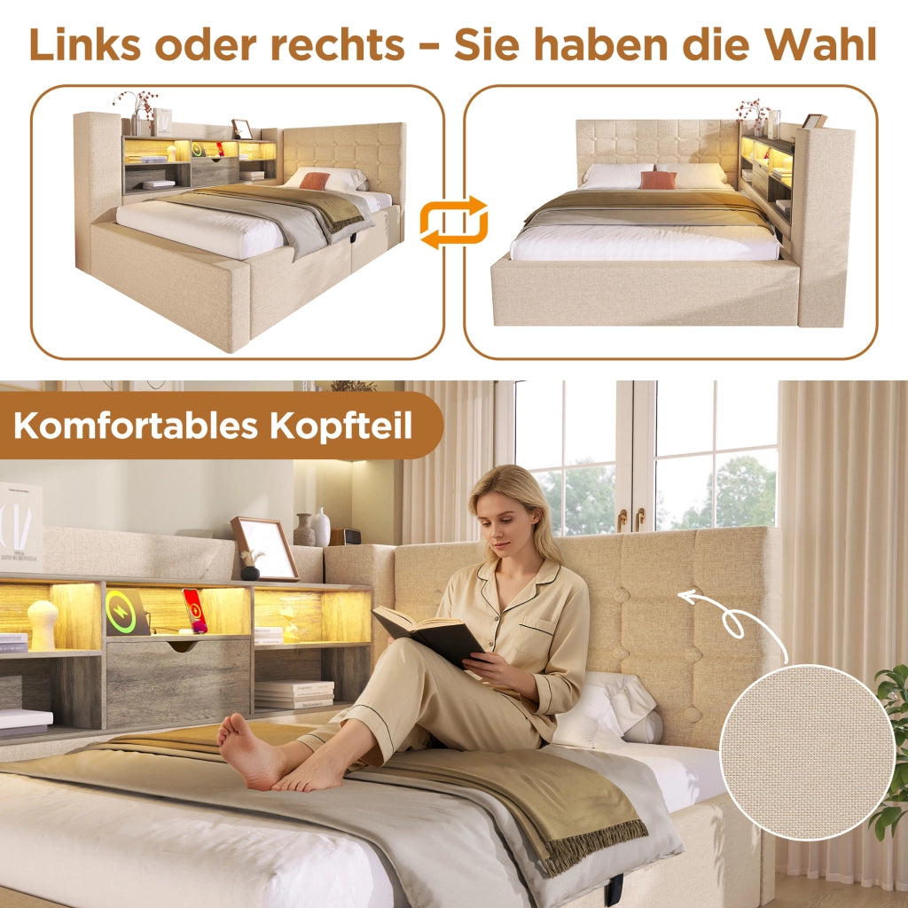 Letto imbottito idraulico con illuminazione a LED 90x190 cm colore beige lino