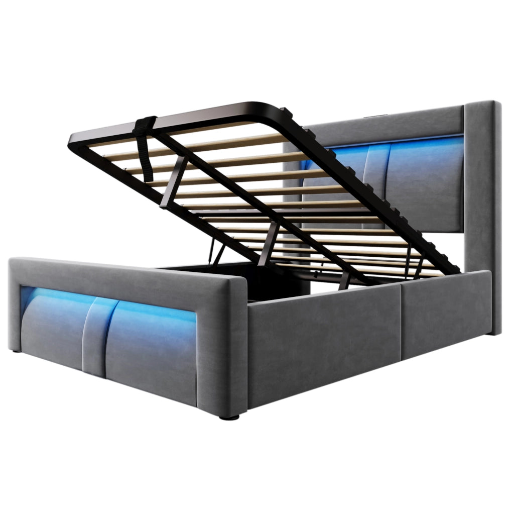 Letto singolo 90x200 cm con contenitore; LED; prese USB e Type-C; velluto grigio