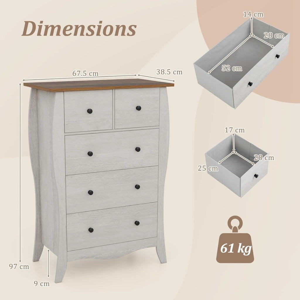 Cassettiera per camera da letto, con 5 cassetti, pieghevole, in tessuto, con kit antiribaltamento, ampio spazio di archiviazione, stile rustico, per camera da letto, spogliatoio, soggiorno