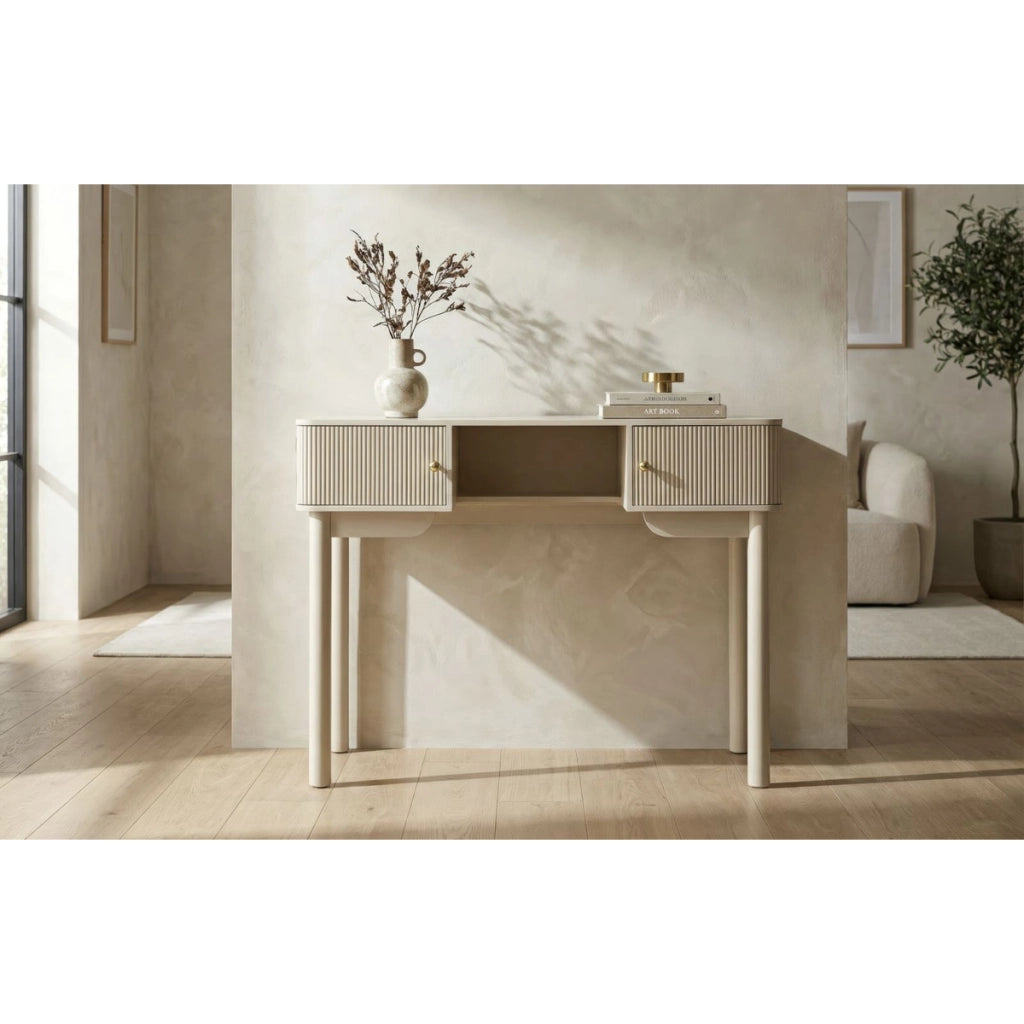 Consolle trucco Shy in legno bianco con dettagli oro