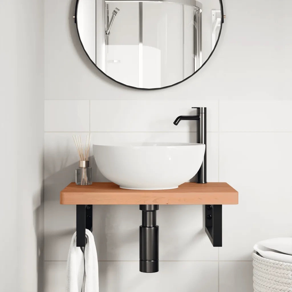 Ripiano a Parete per Lavabo-Mensole a Muro in Acciaio e Massello di Faggio 454491