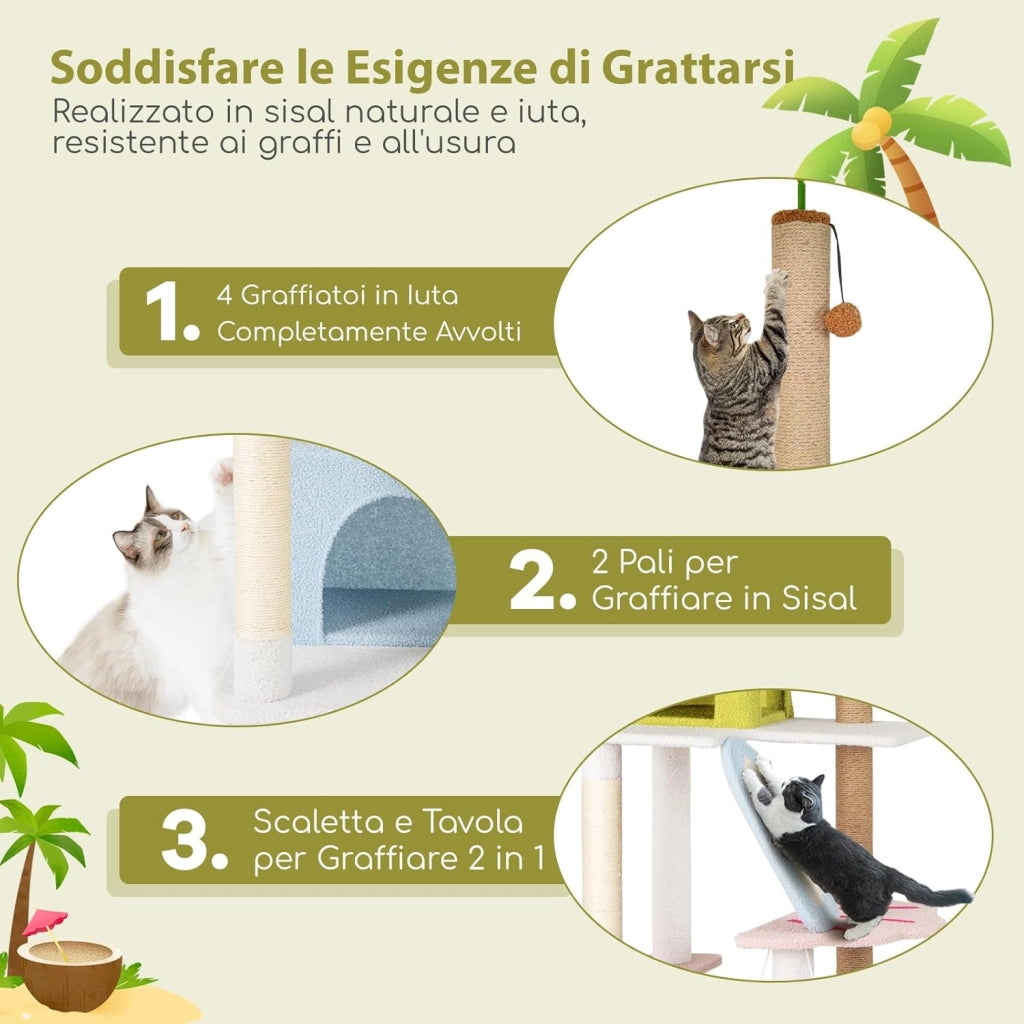 Tiragraffi per Gatto Alto 180 cm Stile Tropicale, Albero Tiragraffi Gatti con Pali con Corda in Juta, Piattaforme, 2 Grotte e Pompon, Torre Gatto Rivestito in Peluche, Blu e Verde