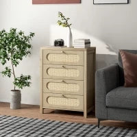 Cassettiera 4 cassetti in stile boho con ante in resina intrecciata, 70x38x93 cm, Legno Naturale