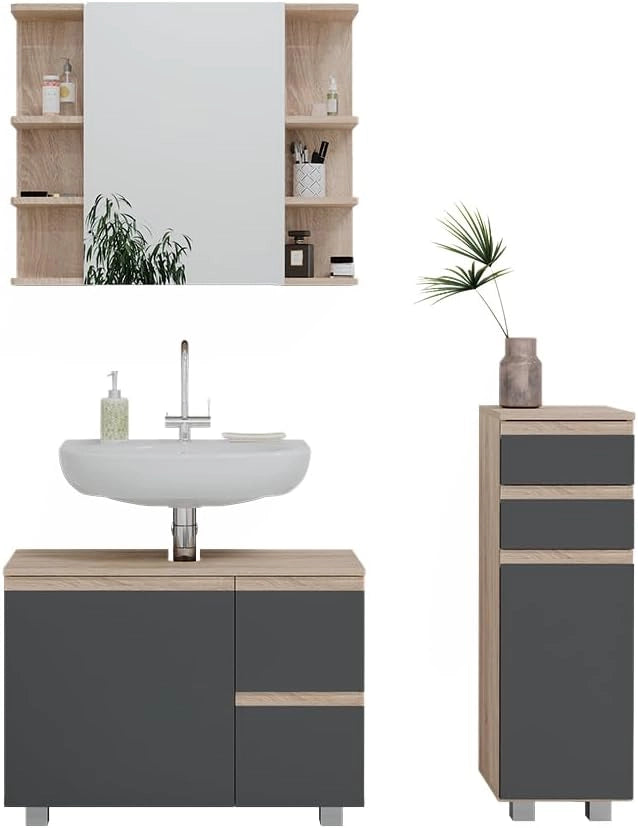 Set mobili bagno J-Shape, Sonoma, 80 cm, composto da mobile sottolavabo, specchiera e mobile medio