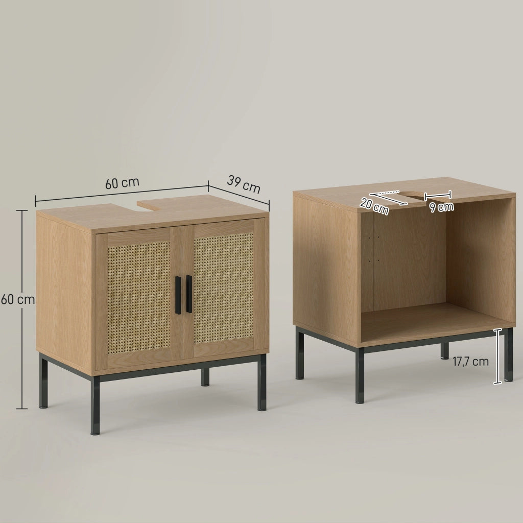 Mobiletto da bagno in stile boho con elementi in rattan ¨C zephmum ¨C bianco 60x30x50