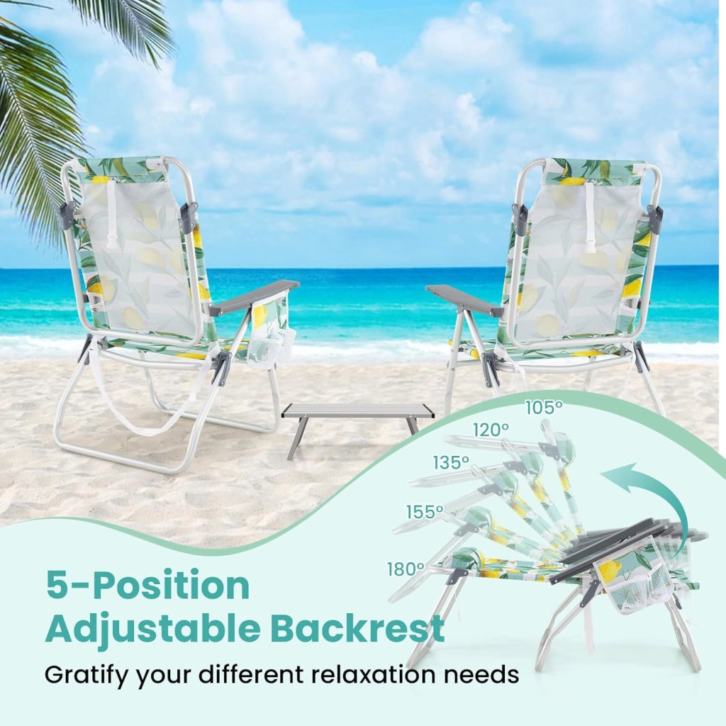 Sedie da spiaggia pieghevoli con tavolo, sedie da campeggio con poggiatesta e schienale regolabile, beach chair con sacchetto di ghiaccio e portabevande e custodia fino a 136/150 kg (modello