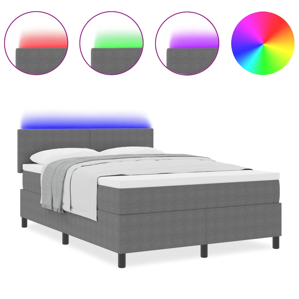 Letto Box Spring con Materasso & LED Grigio Chiaro 140x200 cm Tessuto Corduroy