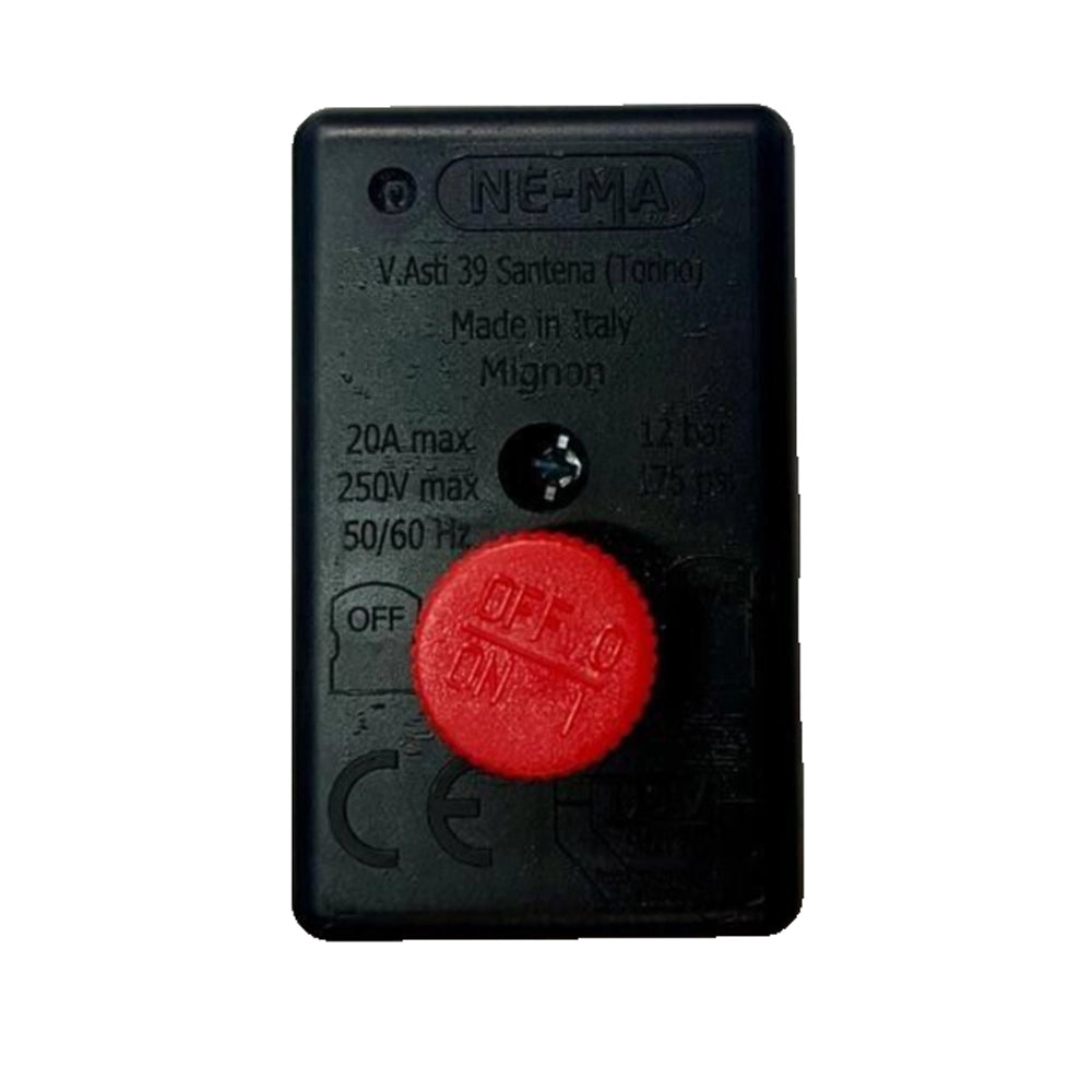 BONEZZI PRESSOSTATO MONOFASE BIPOLARE PER COMPRESSORE 12bar 20A 4 VIE(1/4") CON PULSANTE 201/AE-005