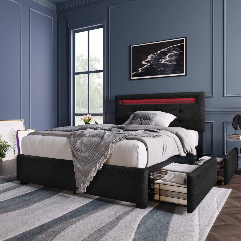letto con testata regolabile e cassetti in lino nero 90 x 200 cm