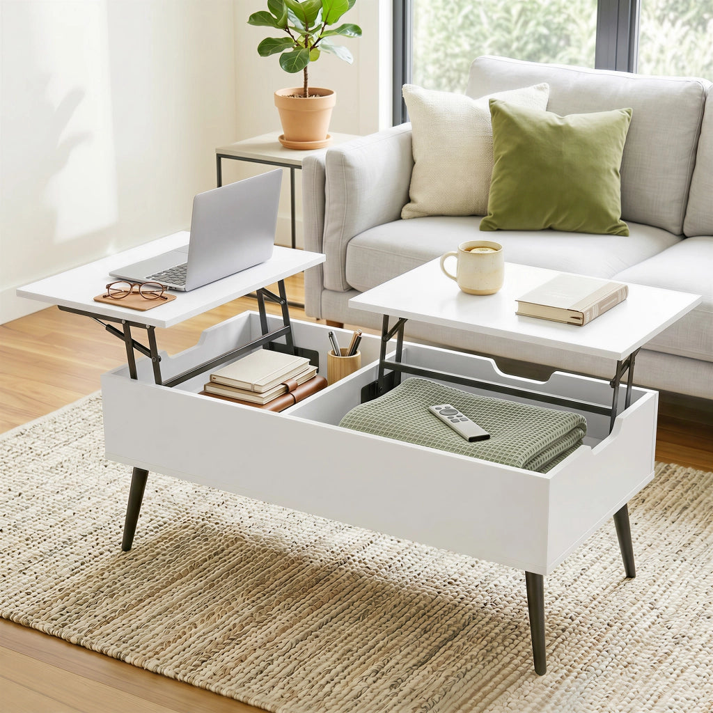 Tavolino da Caffè 100x50x43,6 cm Sollevabile con Piano Doppio e Scomparto Nascosto Bianco