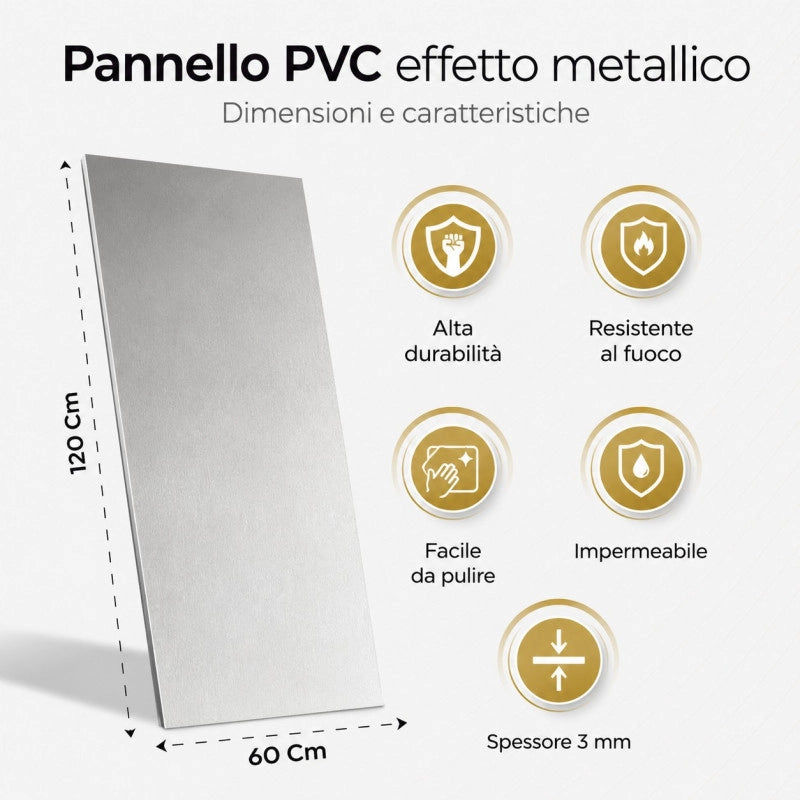 Pannelli decorativi parete effetto acciaio inox, rivestimento murale PVC UV impermeabile 120x60 set 6 pezzi - Divina Home