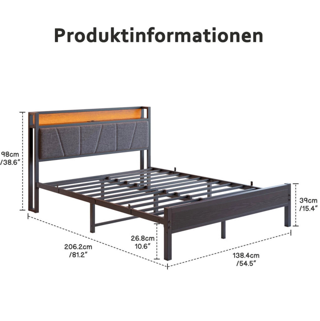 Letto 140x200 cm con LED, testiera contenitore e ricarica USB, nero