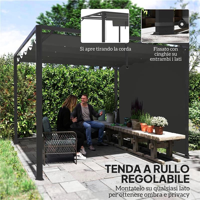GAZEBO PERGOLA RETRATTILE 3X3 M CON TENDA A RULLO E FORI DI DRENAGGIO IN ACCIAIO E POLIESTERE GRIGIO SCURO