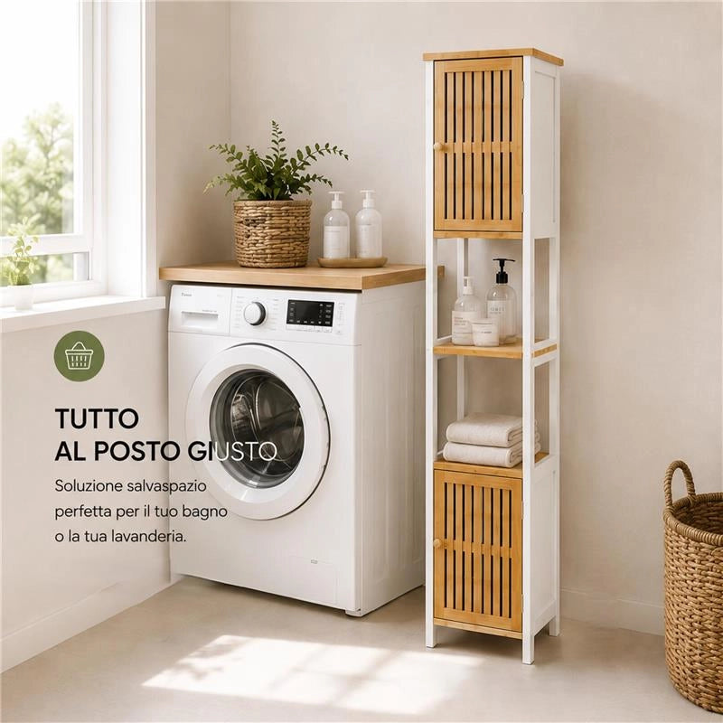 MOBILE DA BAGNO IN LEGNO CON 2 ANTE E RIPIANO IN BAMBOO COLORE BIANCO DIMENSIONI 32X30X173 CM