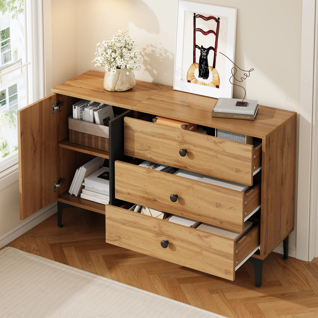 Credenza con 1 Anta e 3 Cassetti; Piedini in Metallo; Stile Moderno; in Pannelli di Particelle; Nero e Naturale; 120??35??76 cm