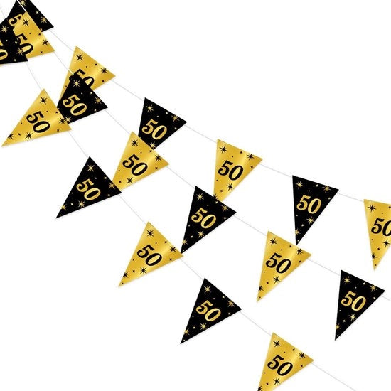 Decorazione per Compleanno con Fiamma a Vela - 10 Metri - Nero e Oro con Stendardo - Decorazione Abraham/Sarah - Rigida e Riciclabile