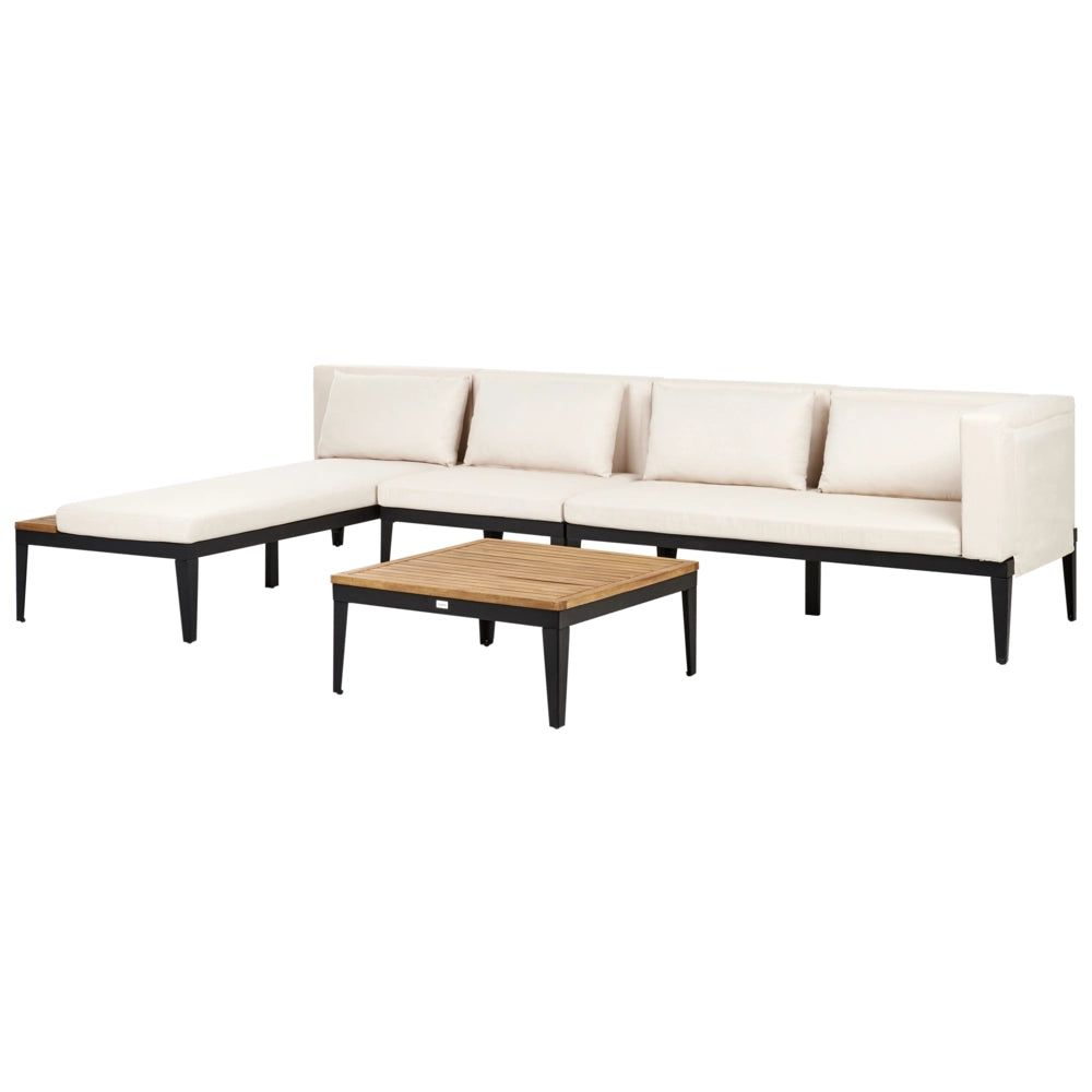 Set da giardino 3 posti in legno di acacia certificato con divano angolare tavolino e cuscini beige chiaro lato destro