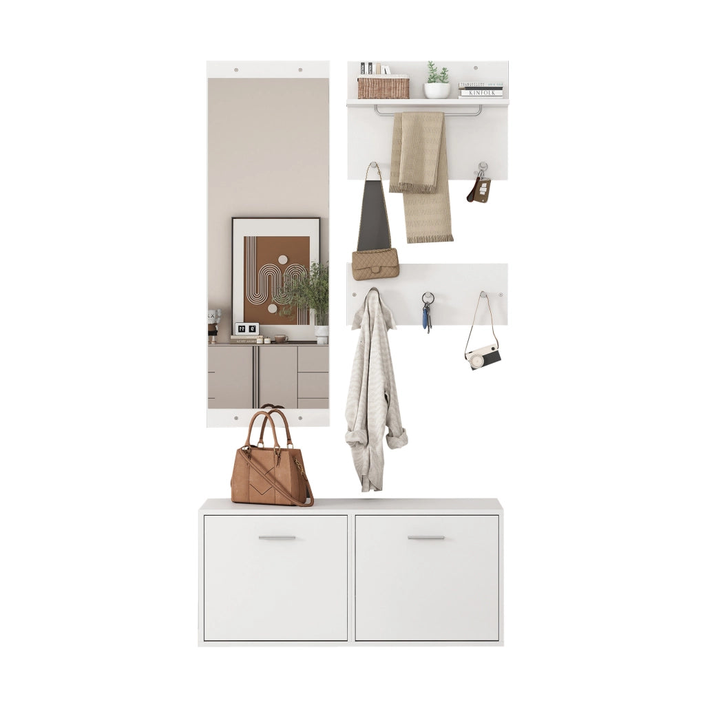 Set ingresso 4 pezzi con specchio; scarpiera a doppio livello 90x30x41;5 cm; bianco