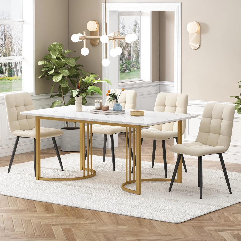 Tavolo da pranzo per 4 persone con 4 sedie piano effetto marmo gambe regolabili in MDF bianco 140 × 80 × 75 cm