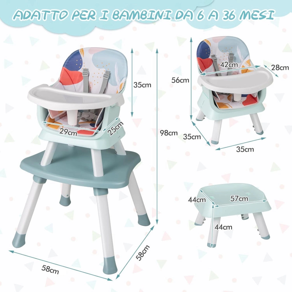 Seggiolone Pappa per Bambini 6 in 1, Seggiolone per Neonati Convertibile, Tavolo per Costruzioni per Bambini, con Imbracatura a 5 Punti, per Bambini da 6 Mesi fino 3 Anni (Colorato)