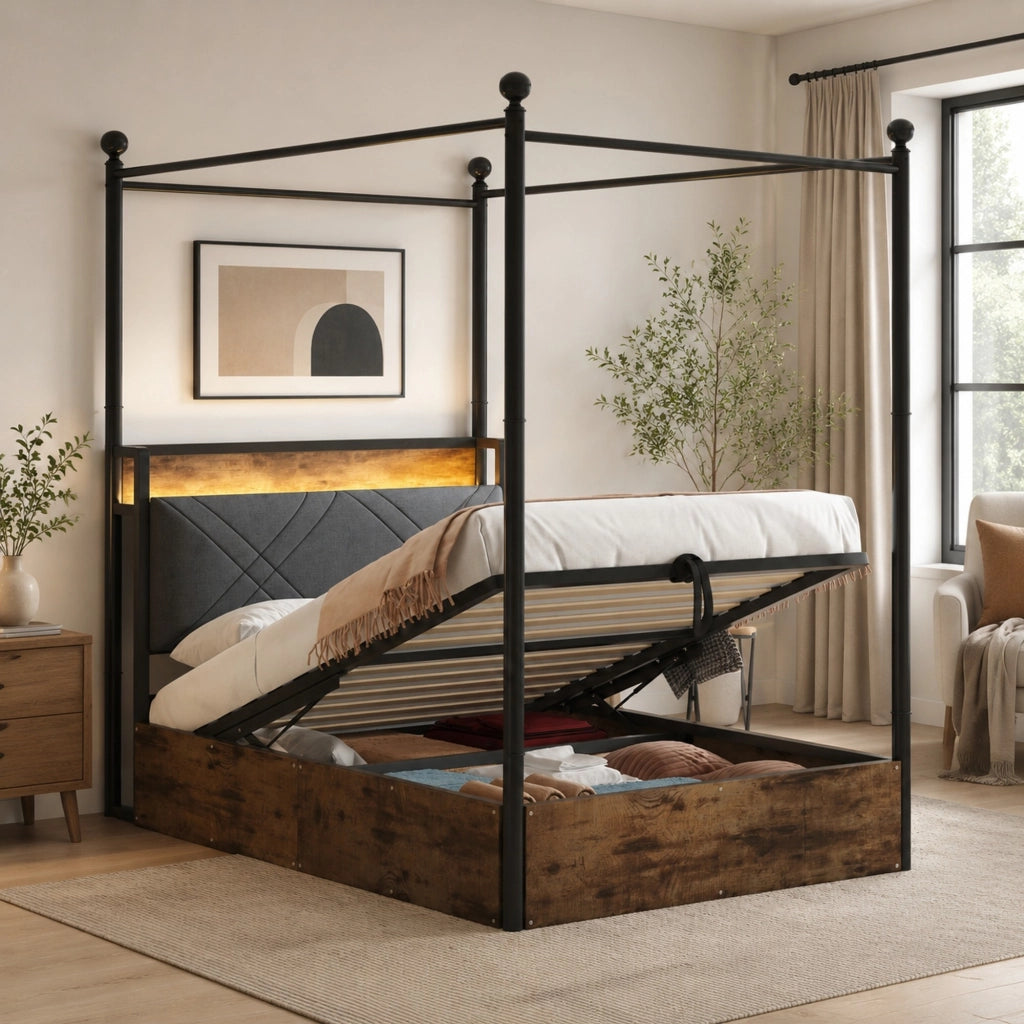 Letto singolo 90x190 cm con baldacchino removibile; contenitore idraulico; LED; USB; nero