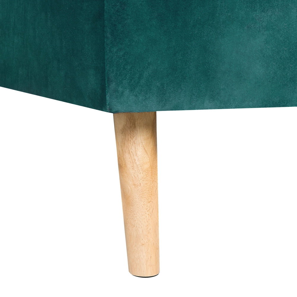 Divano letto ad angolo con 3 cuscini Rivestimento in velluto verde Gambe in legno chiaro Chaise longue reclinabile versione sinistra a 4 posti