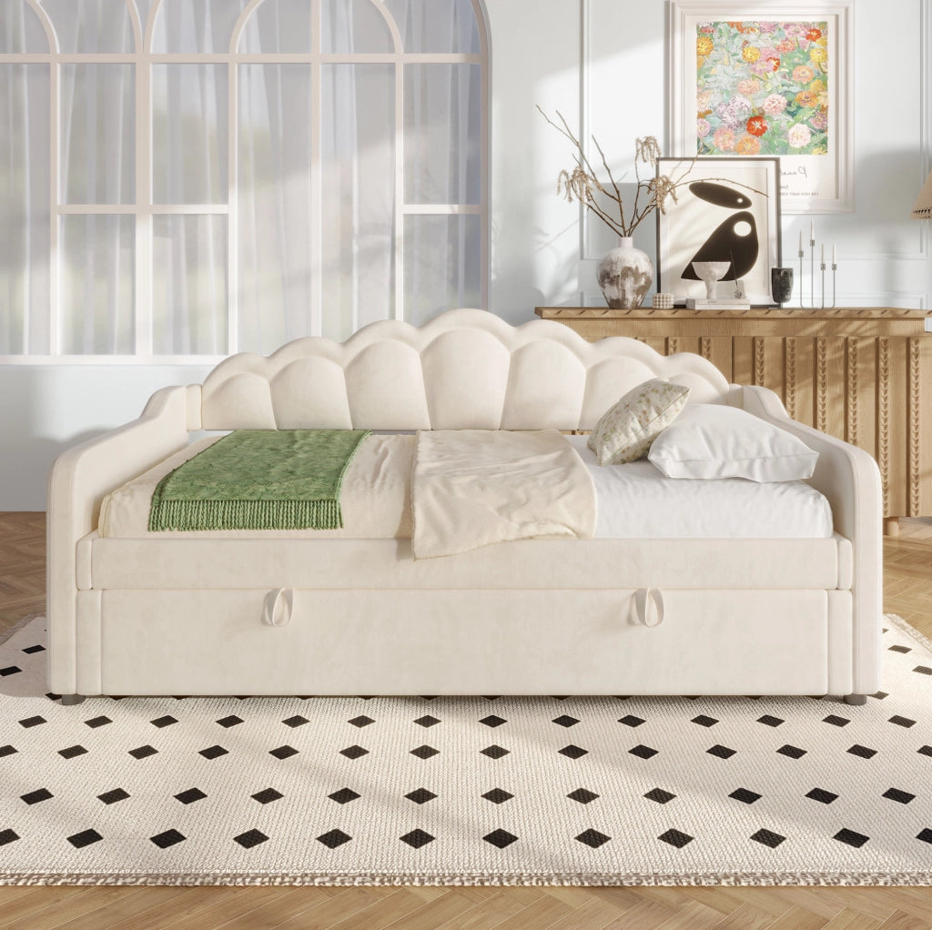 Divano letto 90x200 cm con contenitore; LED e sollevamento idraulico in velluto beige