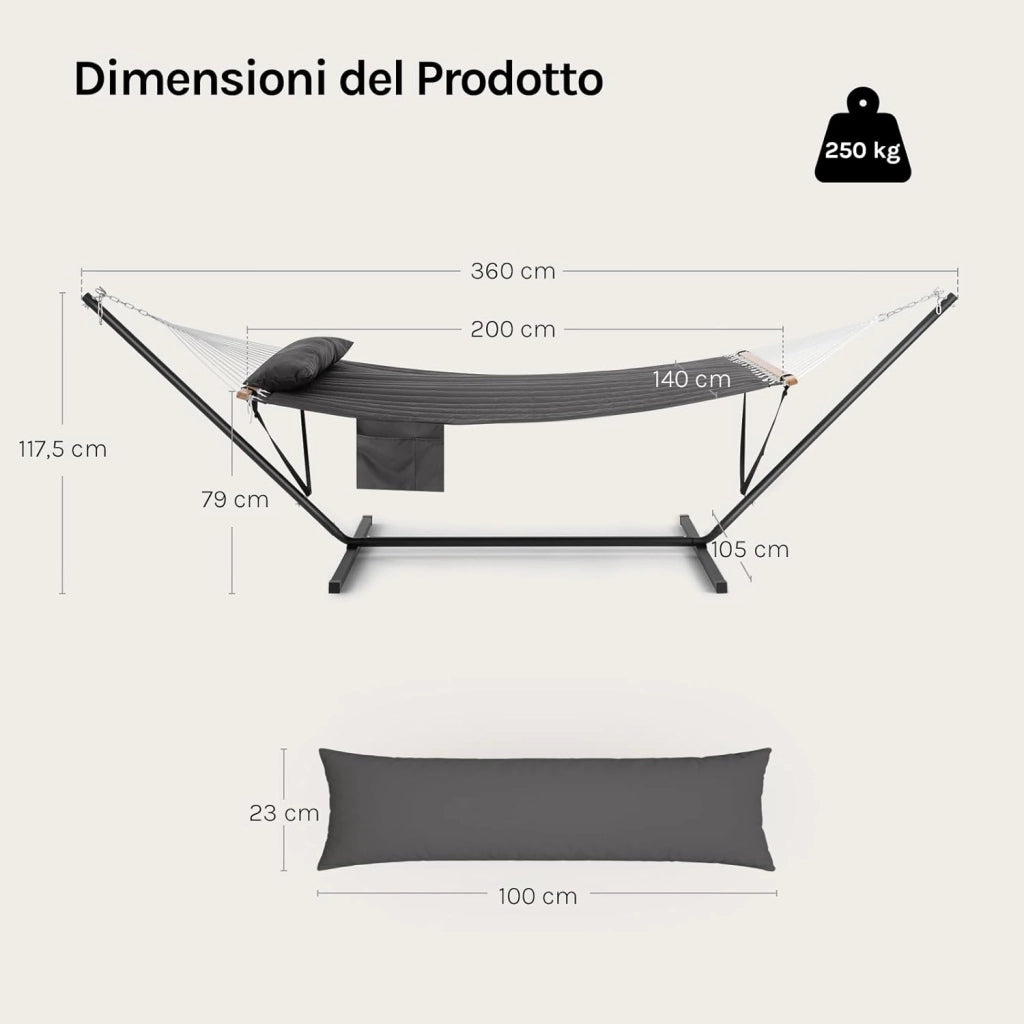 Amaca da Giardino con Supporto, Tasca Laterale e Cuscino, Capacità di Carico 250 kg, Ampia Amaca Doppia per Terrazza, Balcone, Campeggio, Grigio Scuro