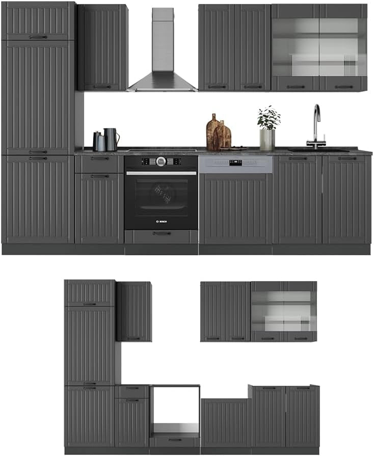 Cucina componibile Fame-Line, Grigio scuro, 300 cm senza piano di lavoro