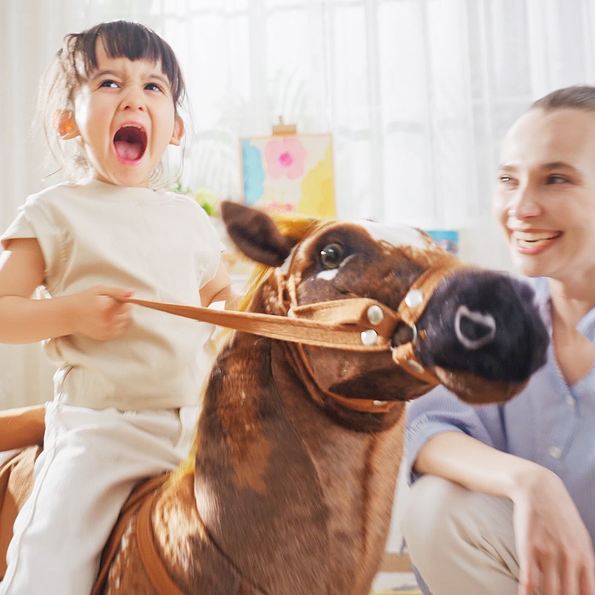 Cavallo a Dondolo per Bambini Realistico 85x28x60 cm in Peluche e Metallo Marrone