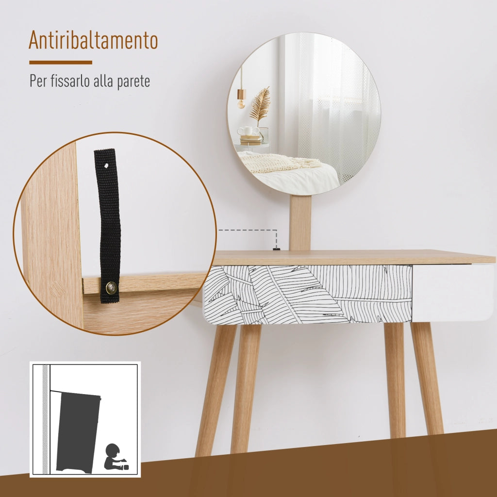 EasyComfort Postazione Trucco con Specchio Circolare Ф39cm, Toeletta Trucco con Cassetto con Decorazione Jungle, 70x39x119-128cm, Bianco e Rovere