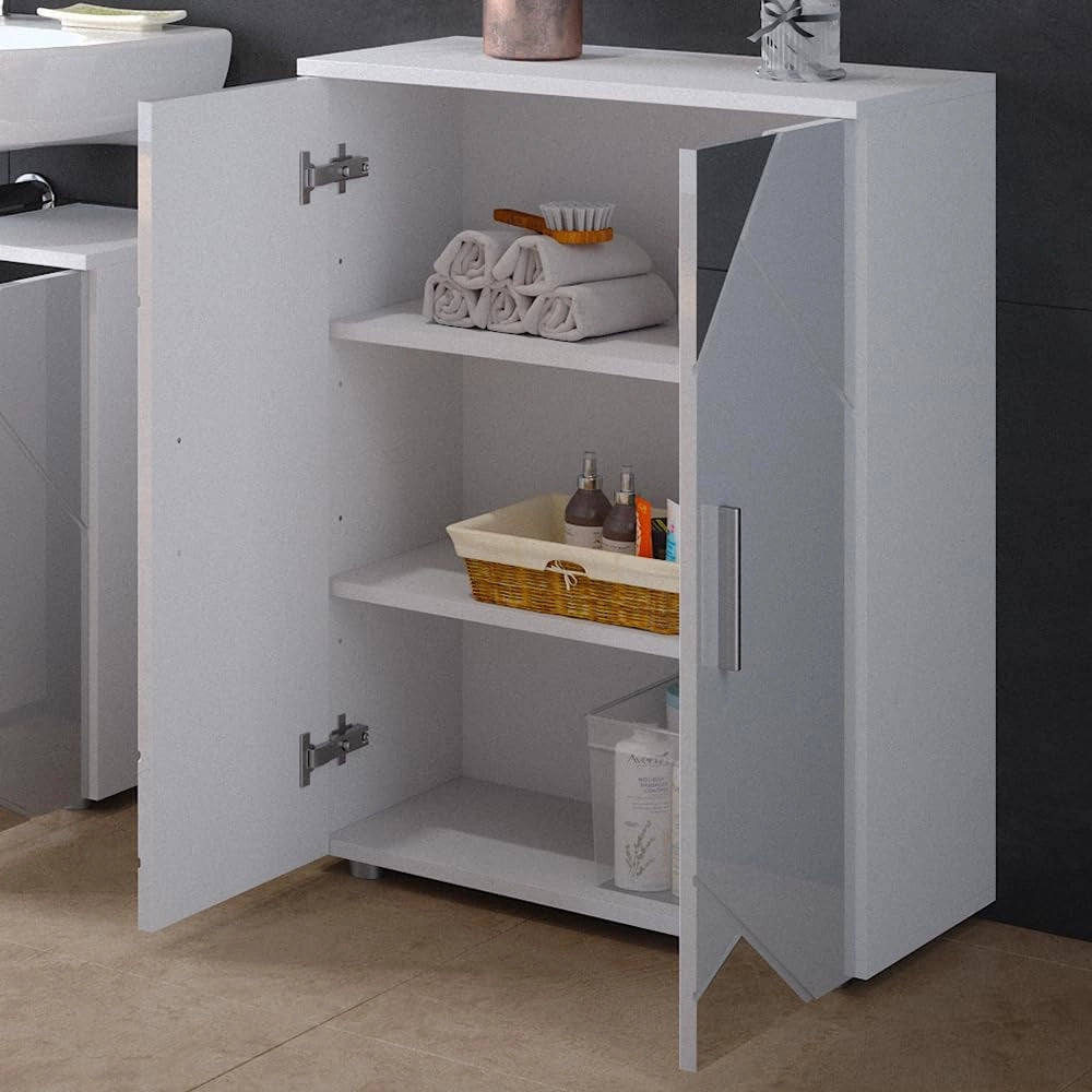 Mobiletto bagno Irma, Bianco lucido con inserti, 60 x 81 cm, per la conservazione in bagno e abbinabile alla serie Irma