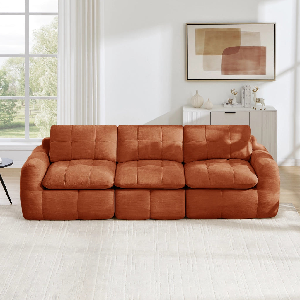 Divano modulare senza struttura 3 posti con cuciture a quadro cuscini ergonomici in chenille arancione per relax