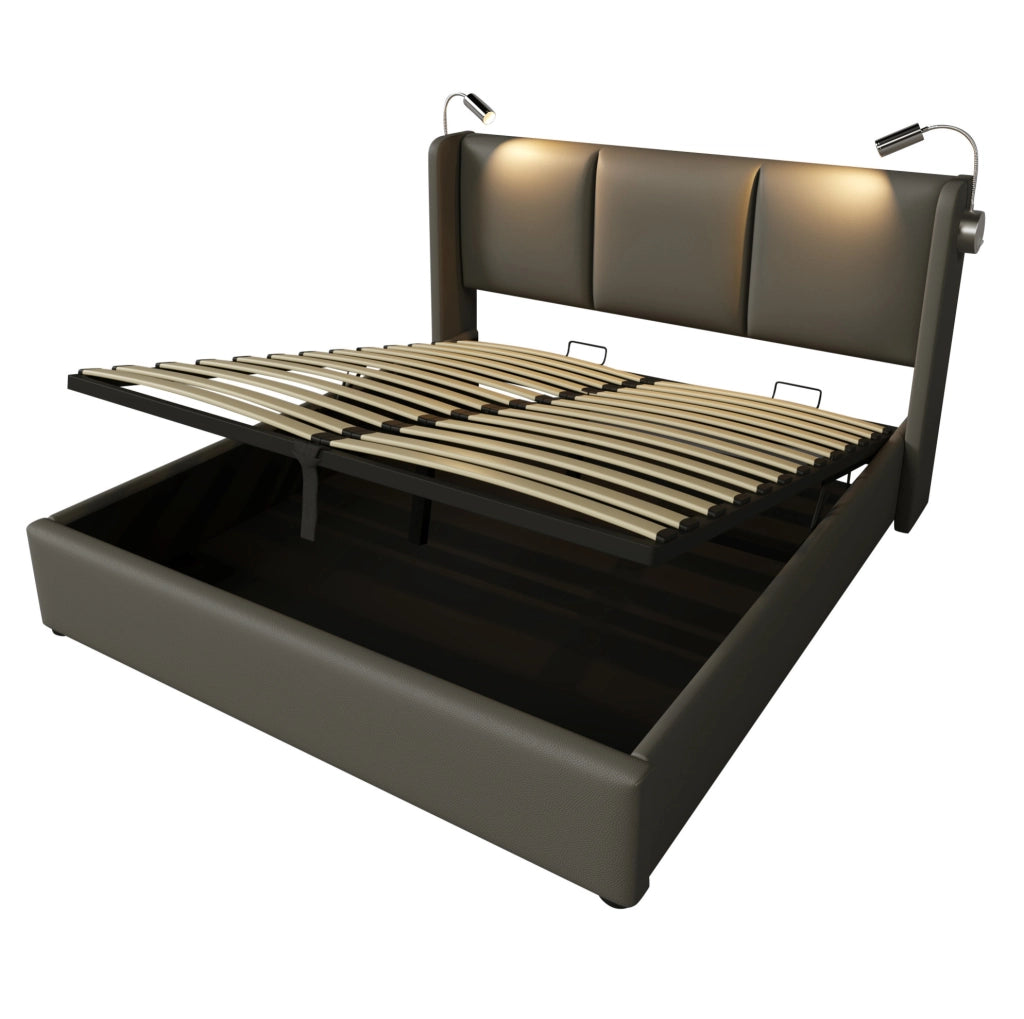 Letto matrimoniale 180x200 cm con contenitore; luce da lettura e 2 porte USB; grigio